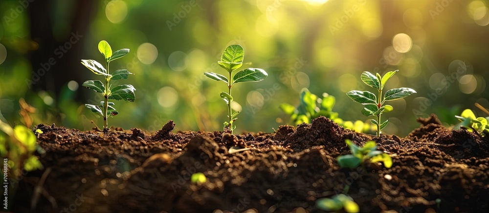 Poster Planting trees with to grow in the soil on greenery background Network and connection concept. Creative Banner. Copyspace image