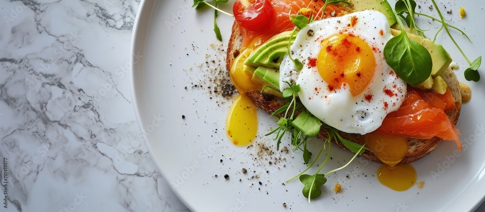 Poster toast with salmon poached egg and avocado on a white plate poached egg with salmon and guacamole on 