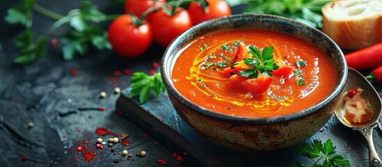 Roasted tomato red pepper soup Selective focus copy spce. Creative Banner. Copyspace image