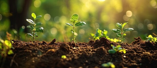 Planting trees with to grow in the soil on greenery background Network and connection concept. Creative Banner. Copyspace image - obrazy, fototapety, plakaty