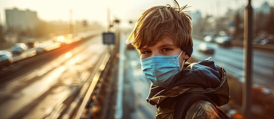 Fototapeta na wymiar preteen boy in protection mask on the highway city background. Creative Banner. Copyspace image