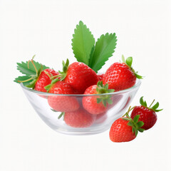 white bowl of strawberries with a green leaf on transparent background created with Generative Ai