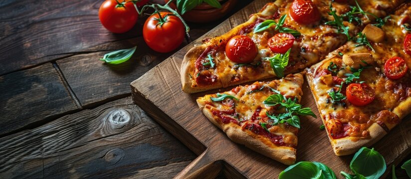 Rectangular pizza with mushrooms tomatoes and arugula on a wooden cutting board. Creative Banner. Copyspace image