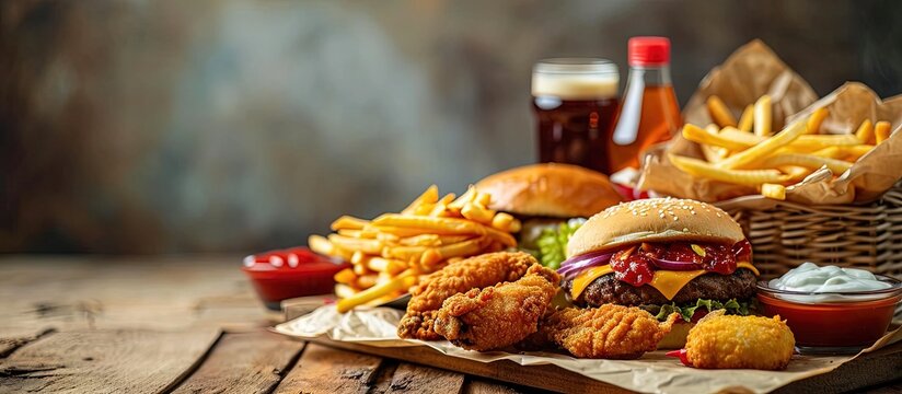 Trible Cheeseburger Frying basket with Mozzarella Stick Chicken Wings Chicken Nuggets and Fries. Creative Banner. Copyspace image