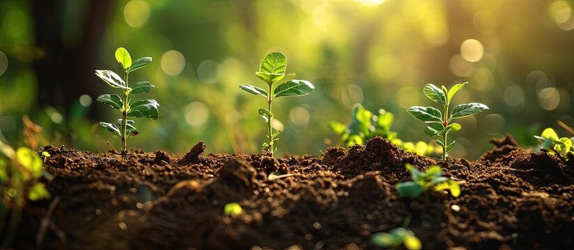 Planting trees with to grow in the soil on greenery background Network and connection concept. Creative Banner. Copyspace image
