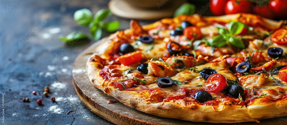 Poster traditional italian pizza with crab sticks and olives top view free space for your text rustic style