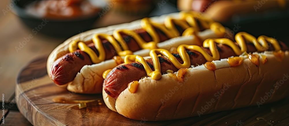 Poster plate of freshly grilled hotdogs with mustard extreme shallow depth of field. creative banner. copys