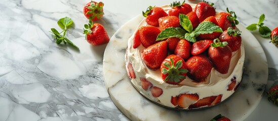 Strawberry and cream cheese summer cake on white marble board Homemade summer dessert in spring decoration brunch ideas easter dessert. Creative Banner. Copyspace image - obrazy, fototapety, plakaty