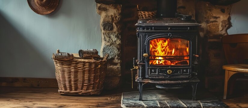Vertical photo of wood stove fireplace with fire in metal body and glass door Wicker basket in comfort house with cozy interior in warm room. Creative Banner. Copyspace image