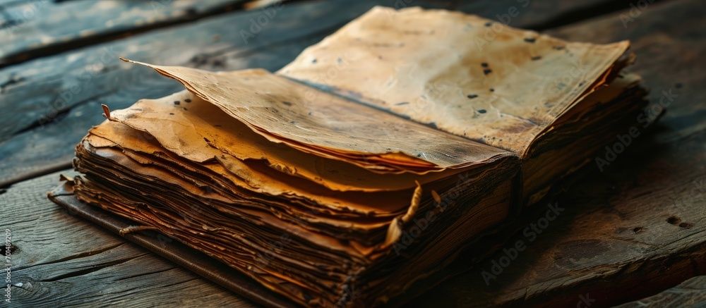 Fototapete Old open notebook with yellowed and stained pages. Creative Banner. Copyspace image
