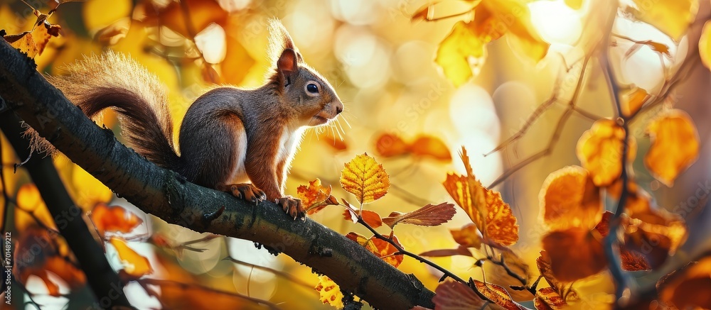 Poster red squirrel on a branch in autumn sciurus park tamiasciurus. creative banner. copyspace image