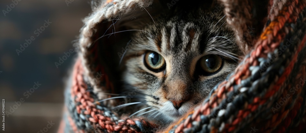 Poster the cat is preparing for winter wrapped up in a pile of woolen clothes. creative banner. copyspace i
