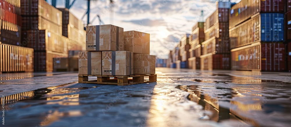 Poster packaging boxes stacked on pallets loading into cargo container cartons cardboard boxes distribution