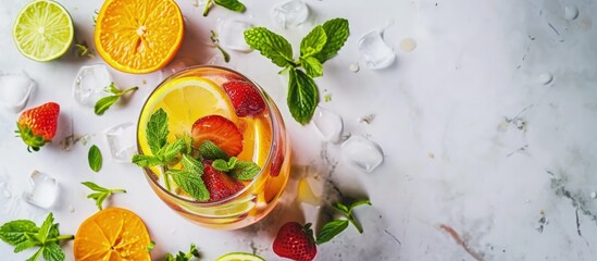 Summer refreshing drink and ingredients copy space top view. Creative Banner. Copyspace image