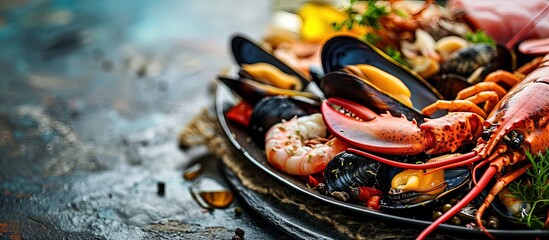 Seafood platter for 2 4 persons Lobster octopus blue mussels Argentina king prawns tuna tartare Delicious healthy traditional food closeup served for lunch in modern gourmet cuisine restaurant - obrazy, fototapety, plakaty