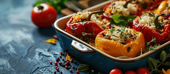 Stuffed peppers halves of peppers stuffed with rice dried tomatoes herbs and cheese in a baking dish on a blue wooden table top view Turkish name biber dolmasi. Creative Banner. Copyspace image
