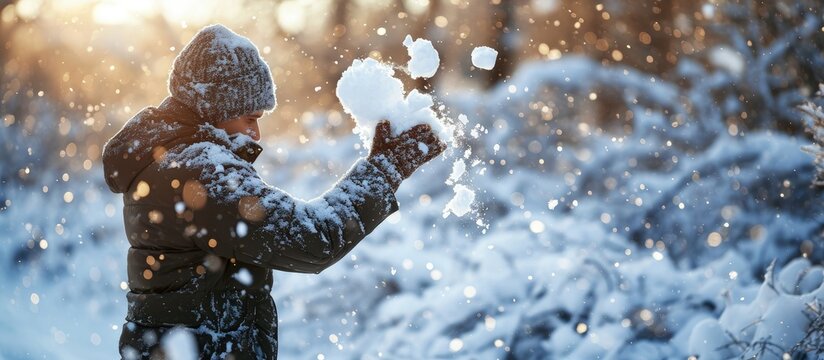 Mature man making snowball during snowball fight. Creative Banner. Copyspace image