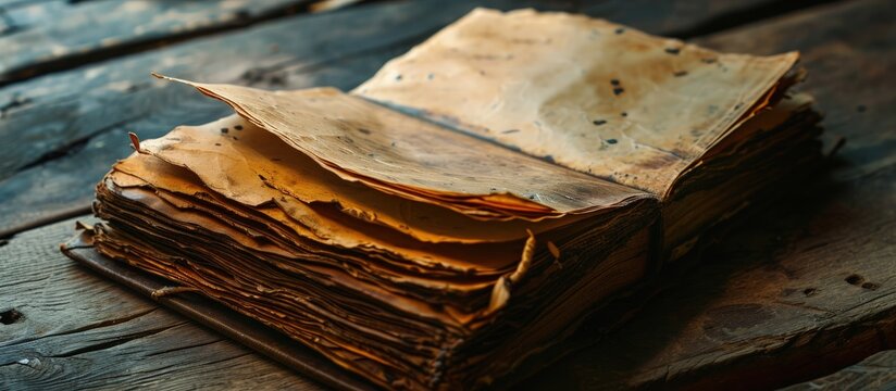 Old open notebook with yellowed and stained pages. Creative Banner. Copyspace image