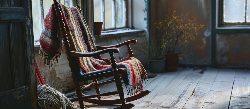 Vintage home interior an old rocking chair with a folk blanket and a ball of yarn. Creative Banner. Copyspace image