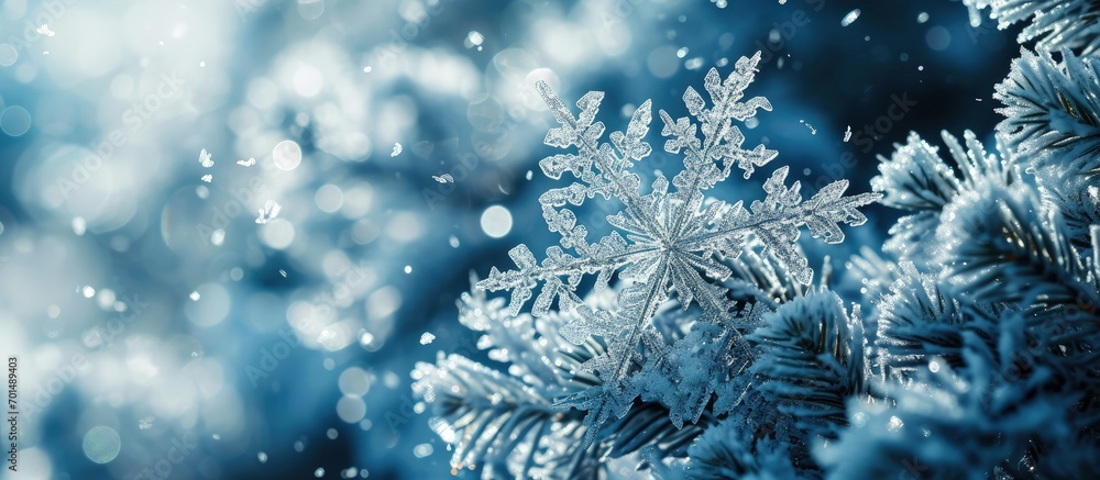Poster photo real snowflakes during a snowfall under natural conditions at low temperature. creative banner
