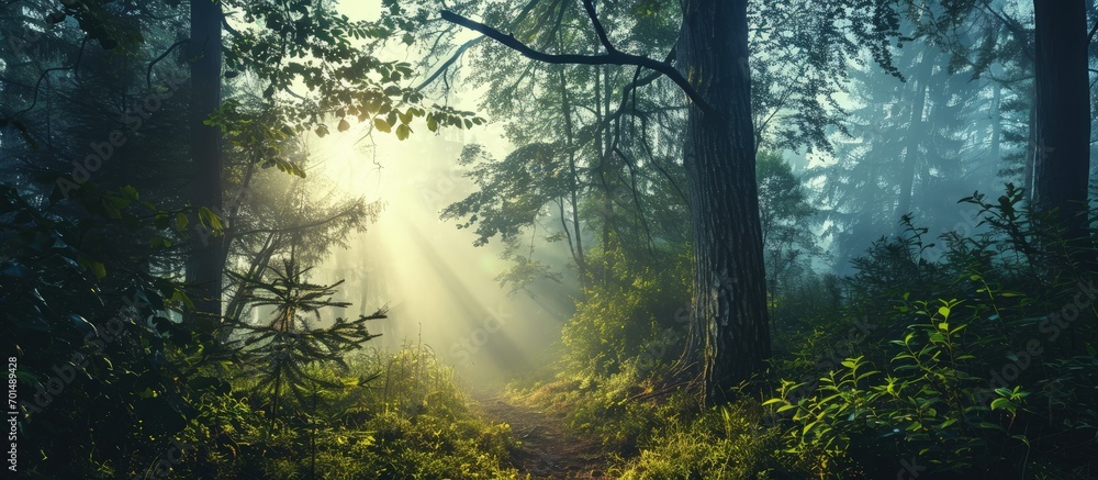 Poster The most beautiful forest with mystical and mysterious views and atmospheric sunrises in the early misty mornings. Creative Banner. Copyspace image