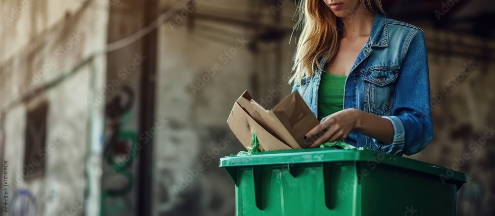 Poster woman putting crumpled paper in a trash bin recycling and waste sorting concept. creative banner. co
