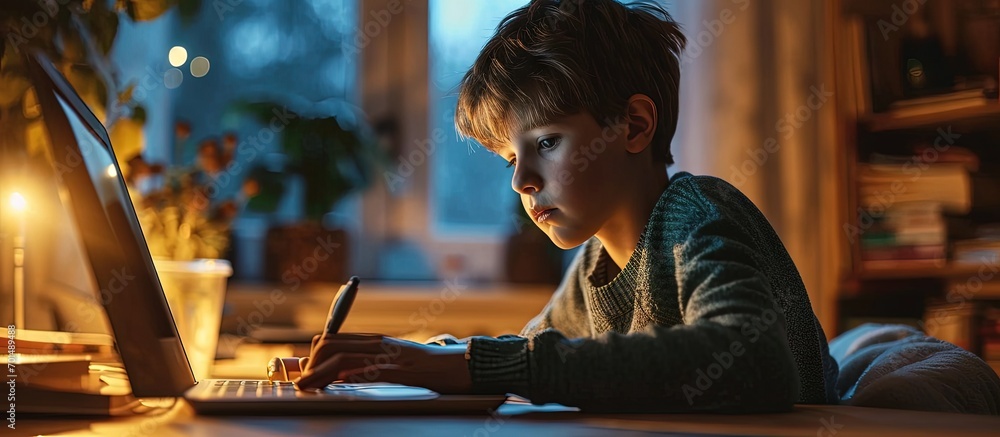 Poster School boy having online classes while sitting at home in quarantine using laptop and taking notes. Creative Banner. Copyspace image