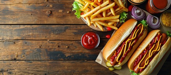 Traditional hot dogs french fries drink and sauces Restaurant menu. Creative Banner. Copyspace image - obrazy, fototapety, plakaty