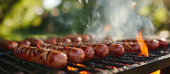 This captivating stock photo captures the essence of a perfect summer day as hot dogs are sizzling on a grill creating an irresistible aroma that evokes feelings of anticipation and indulgence