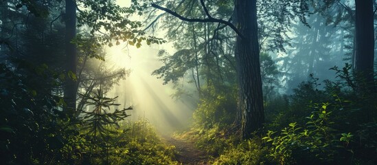 Fototapeta na wymiar The most beautiful forest with mystical and mysterious views and atmospheric sunrises in the early misty mornings. Creative Banner. Copyspace image