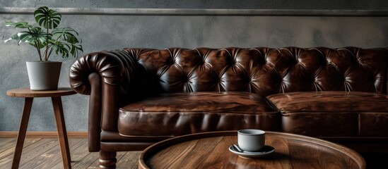 Photo of luxurious leather sofa and small wooden table. Creative Banner. Copyspace image