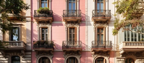 The pastel colored facade of a building in Barcelona adds a touch of charm and elegance to the city s architectural landscape. Creative Banner. Copyspace image