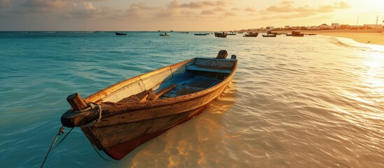 Traditional fisher boat in Santa Maria in Sal Island in Cape Verde Cabo Verde. Creative Banner. Copyspace image