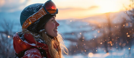 Young happy female skier preparing to ski on snowy slopes of Norwegian mountains in Oppdal Vanglsia ski resort. Creative Banner. Copyspace image - obrazy, fototapety, plakaty