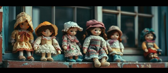 Many dolls were hung on the windows after washing to clean. Creative Banner. Copyspace image