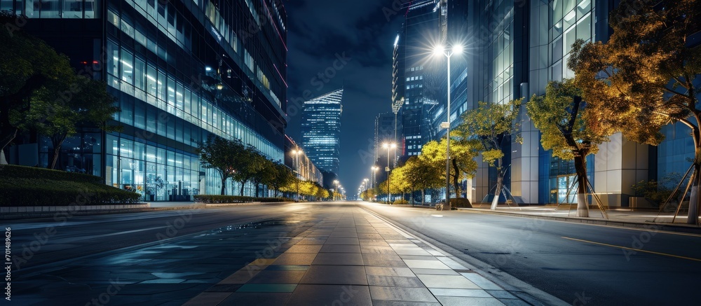 Aufkleber modern office buildings in hangzhou west lake square at night on view from empty street. creative ba