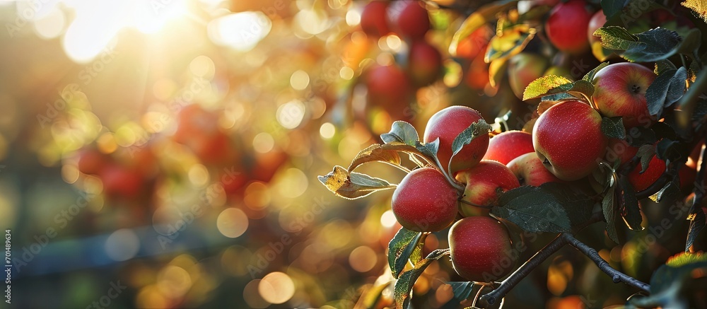 Aufkleber red apples on apple tree branch bright rays of the sun. creative banner. copyspace image