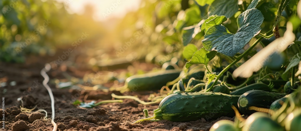 Poster the process of growing cucumbers in the open field. creative banner. copyspace image