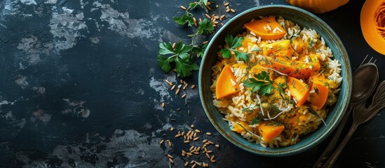 Rice with fragrant and juicy pumpkin Vegetable pilaf. Creative Banner. Copyspace image