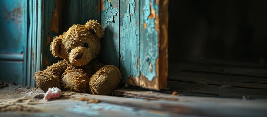 Vintage handmade Teddy Bear looks out of the closet door. Creative Banner. Copyspace image