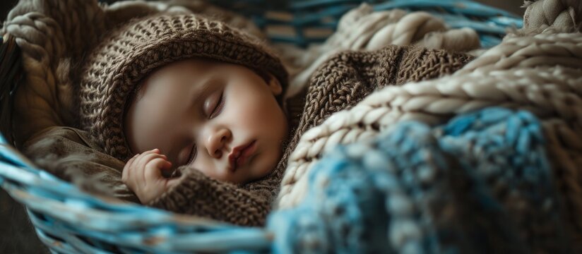 Sweet child napping dressed in brown knitted suit in a blue metal basket. Creative Banner. Copyspace image