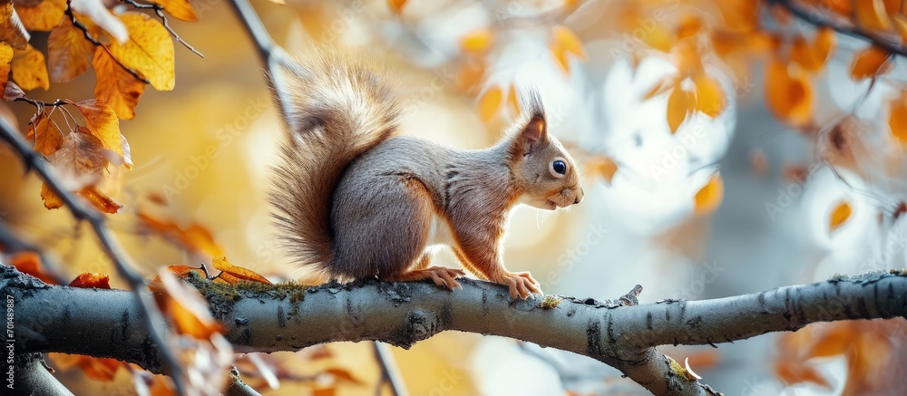 Poster red squirrel on a branch in autumn sciurus park tamiasciurus. creative banner. copyspace image