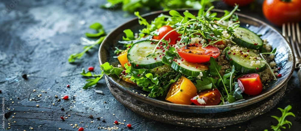 Aufkleber quinoa salad with fresh tomatoes cucumbers and salad leaves. creative banner. copyspace image