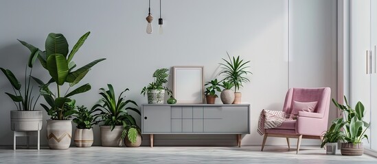 Pink chair next to grey cabinet in living room interior with plants and mockup of poster Real photo. Creative Banner. Copyspace image