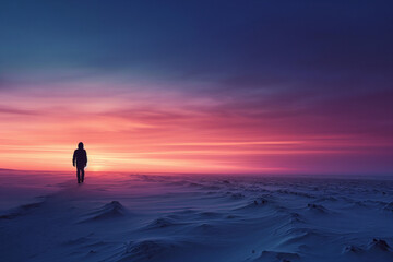 Solitary silhouette is framed against a horizon of twilight hues