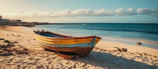 Traditional fisher boat in Santa Maria in Sal Island in Cape Verde Cabo Verde. Creative Banner. Copyspace image