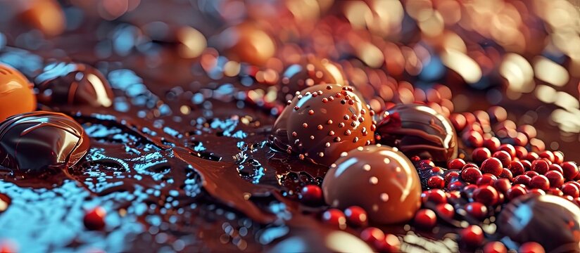 Sweets candy on chocolate factory conveyor Process cocoa glazing marzipan. Creative Banner. Copyspace image