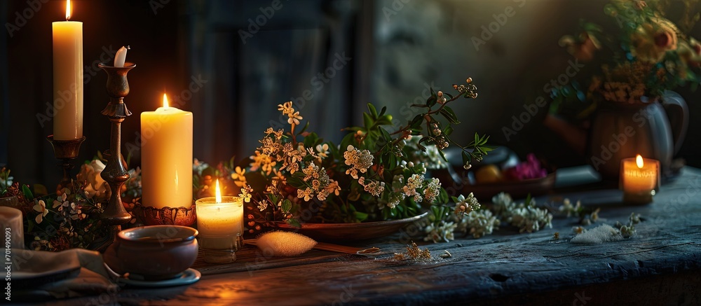 Aufkleber table setting set with candles and flowers. creative banner. copyspace image