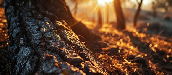 Sunlight Through the Trees of a Burnt Forest Controlled Burn. Creative Banner. Copyspace image - obrazy, fototapety, plakaty