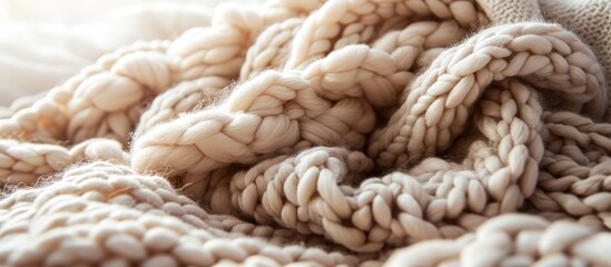 Fototapeta na wymiar Merino wool handmade knitted large blanket super chunky yarn trendy concept Close up of knitted blanket merino wool background designer blanket made of beige smoky wool. Creative Banner